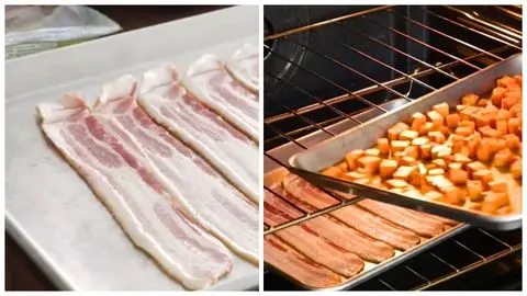 Prepare and roast the bacon and sweet potatoes & Bake the bacon and sweet potatoes