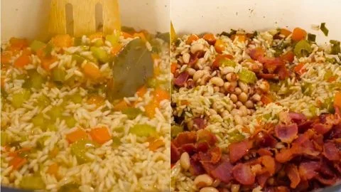 Simmer the Rice & Add Black-Eyed Peas and Bacon
